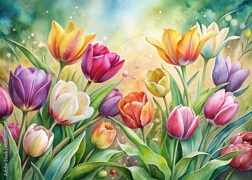 Panoramic Watercolor Botanical Illustration of Tulip Flowers in Bloom with Lush Greenery and Soft Pastel Background for Nature Aficionados and Floral Art Enthusiasts