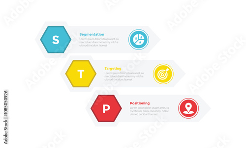 STP marketing analysis infographics template diagram with hexagon horizontal direction with 3 point step design for slide presentation