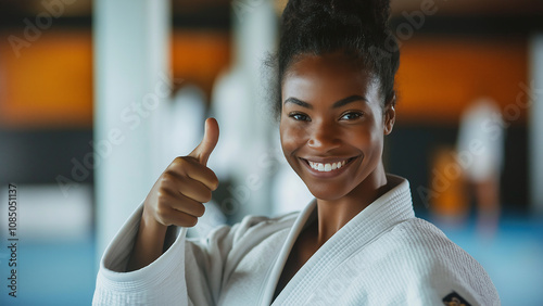 Black female Judo athletes. Martial arts athletes of East Asian origin, including Judo, Karate, and Taekwondo. Copy space. Smiling and giving a thumbs up. photo