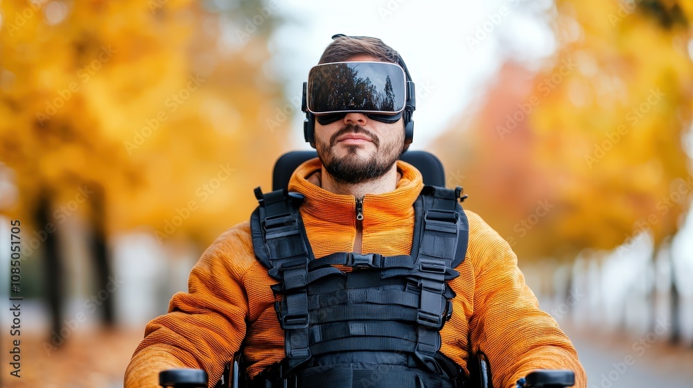 Person in Virtual Reality Gear in Autumn Landscape Person in Virtual Reality Gear in Autumn Landscape