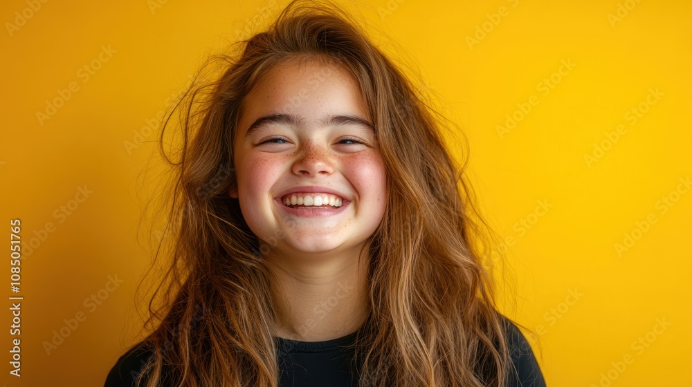 A smiling girl with long hair against a bright yellow background. A smiling girl with long hair against a bright yellow background.