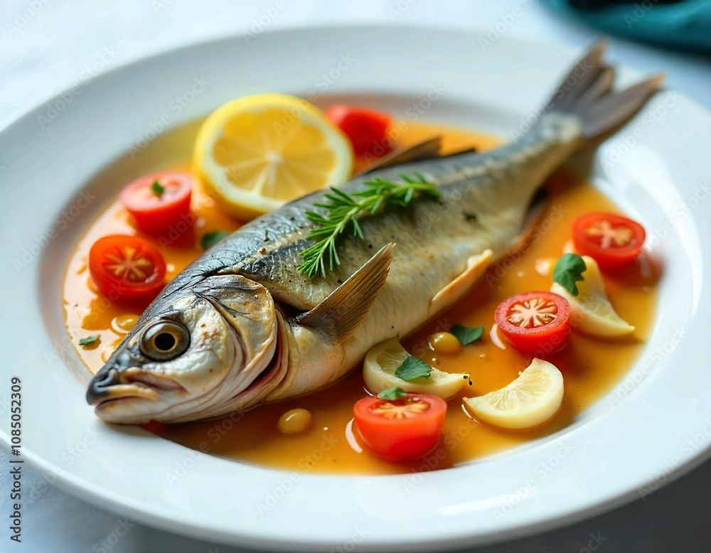 A whole grilled fish served in a broth with lemon slices, cherry tomatoes, and fresh herbs A whole grilled fish served in a broth with lemon slices, cherry tomatoes, and fresh herbs