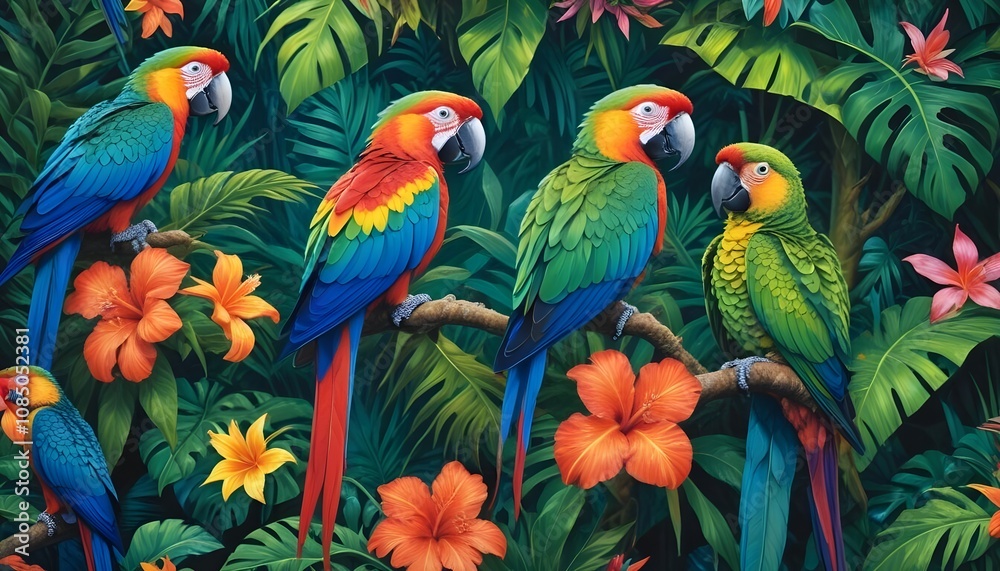 Tropical exotic pattern with animal and flowers in bright colors and lush vegetationn