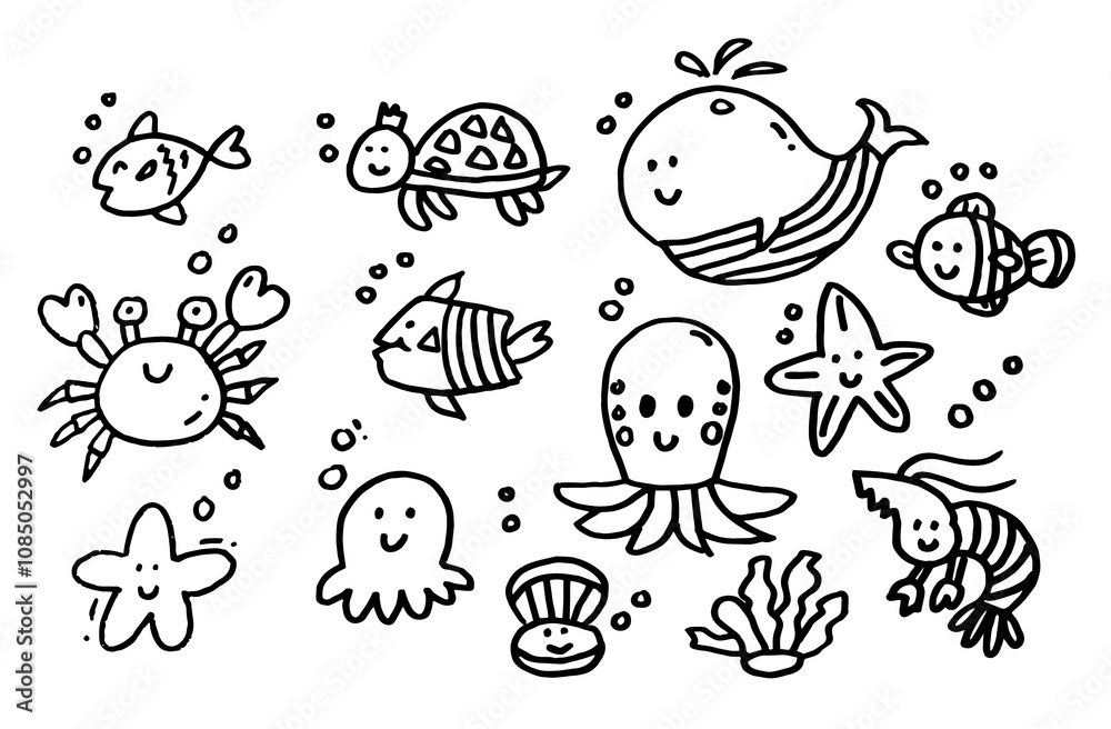Cute sea animal element, cartoon doodle hand drawing charactor Cute sea animal element, cartoon doodle hand drawing charactor