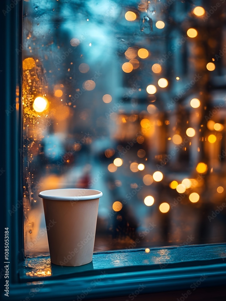 A paper cup of coffee on the windowsill of a cafe on a winter evening with cozy dim lights outside A paper cup of coffee on the windowsill of a cafe on a winter evening with cozy dim lights outside