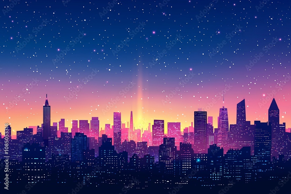 Vibrant City Skyline at Dusk with Stars and Gradient Colors