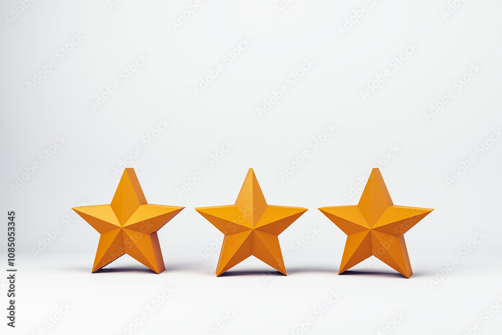 Three orange stars symbolizing a rating on a light background for business and technology. 3D Rendering Three orange stars symbolizing a rating on a light background for business and technology. 3D Rendering