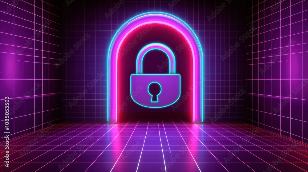 Concept of security risks data mitigation. A glowing padlock set against a vibrant, digital background, symbolizing security and protection. Concept of security risks data mitigation. A glowing padlock set against a vibrant, digital background, symbolizing security and protection.