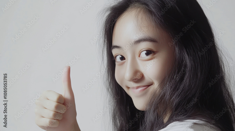 Young Woman with Long Hair and Joyful Expression