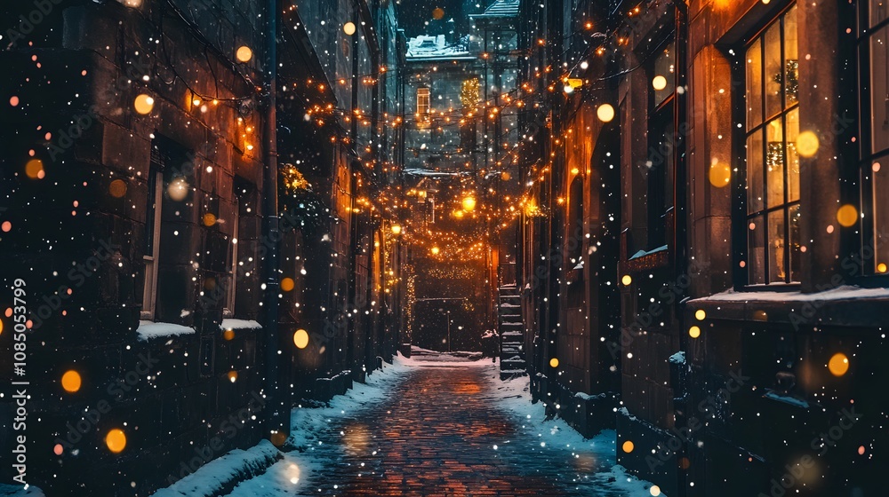 Obraz premium Enchanted Winter Alley with Snow, Twinkling Lights, and Atmosphere of Magic in a Historical City Street During the Holiday Season
