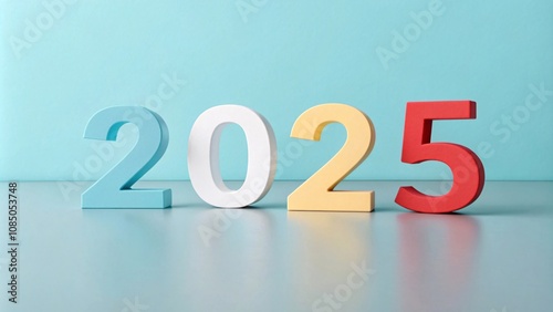 Futuristic 2025 New Year Numbers in Pastel Colors with Reflective Surface and Soft Lighting V1