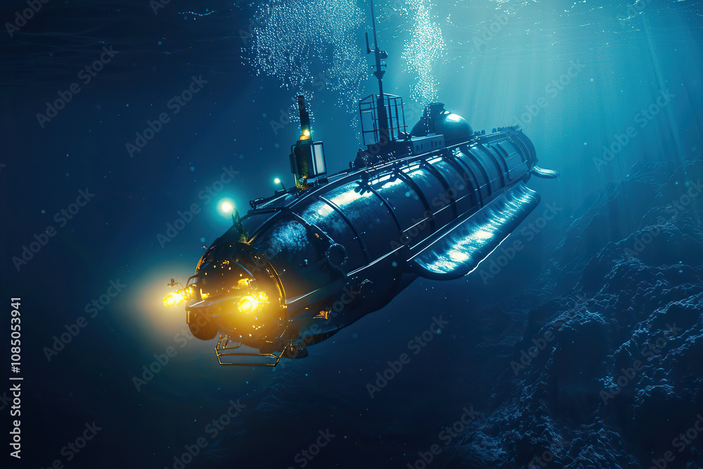 Fototapeta premium Beautiful large bathyscaphe floating in middle of ocean during exploration