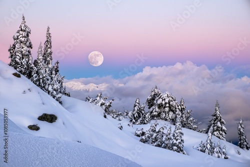 Full moon over snowy mountains landscape in the purple twilight sky. Cypress Mountain.  Vancouver. British Columbia. Canada