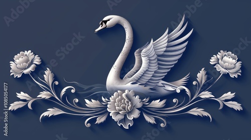 Fototapeta Naklejka Na Ścianę i Meble -  Elegant white swan bas-relief with peonies, ornate design on dark blue background.