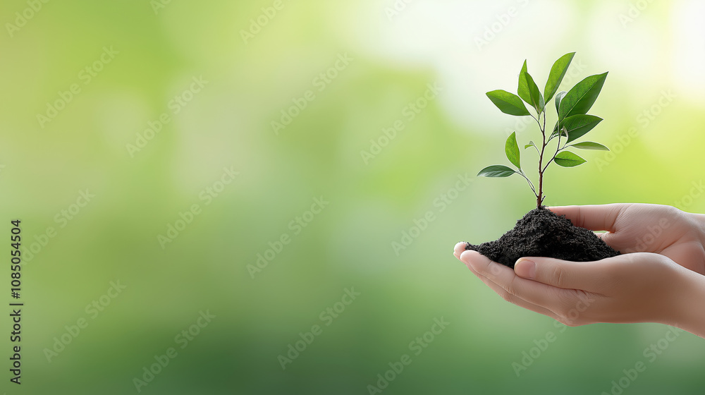 Hands gently holding a small plant with soil with copy space, symbolizing growth, care, and sustainability Hands gently holding a small plant with soil with copy space, symbolizing growth, care, and sustainability