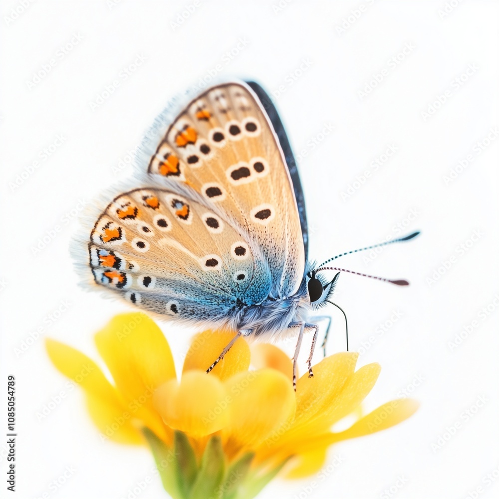 Spring Animals of a small pastel butterfly resting on a yellow flower, Isolated on white Spring Animals Spring Animals of a small pastel butterfly resting on a yellow flower, Isolated on white Spring Animals