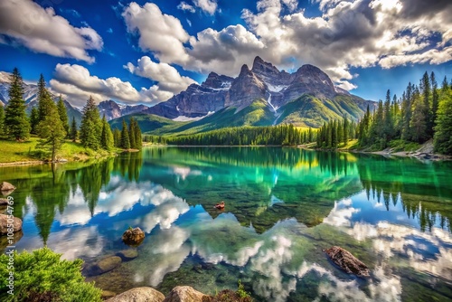 Serene Mountain Lake Landscape with Crystal Clear Waters Reflecting Majestic Peaks and Fluffy Clouds Surrounded by Lush Greenery under Bright Blue Sky