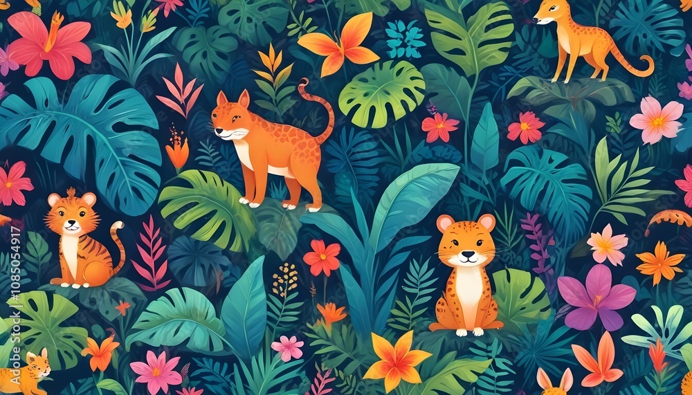 Tropical exotic pattern with animal and flowers in bright colors and lush vegetationn