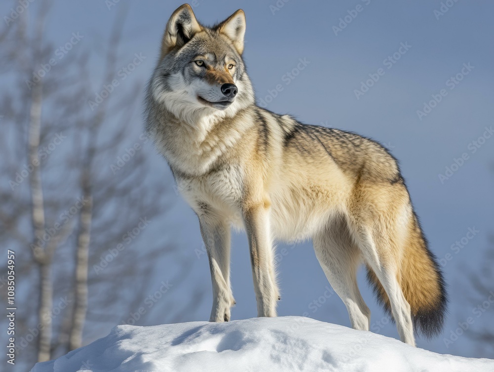A lone wolf stands on a snowdrift. AI. A lone wolf stands on a snowdrift. AI.