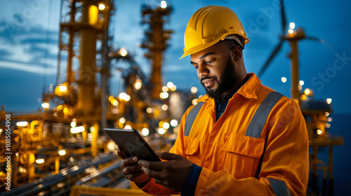 technician in orange safety suit and helmet uses digital tablet to monitor operations at industrial site, showcasing modern technology in vibrant setting