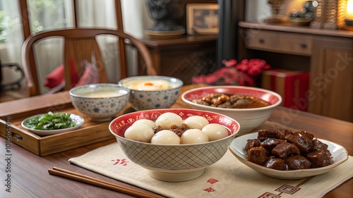 raditional Asian Festive Meal Featuring Tangyuan, Braised Meat, and Soups in a Cozy Home Setting, Perfect for Lunar New Year, Culinary Promotions, Family Celebrations, and Cultural Festivities photo