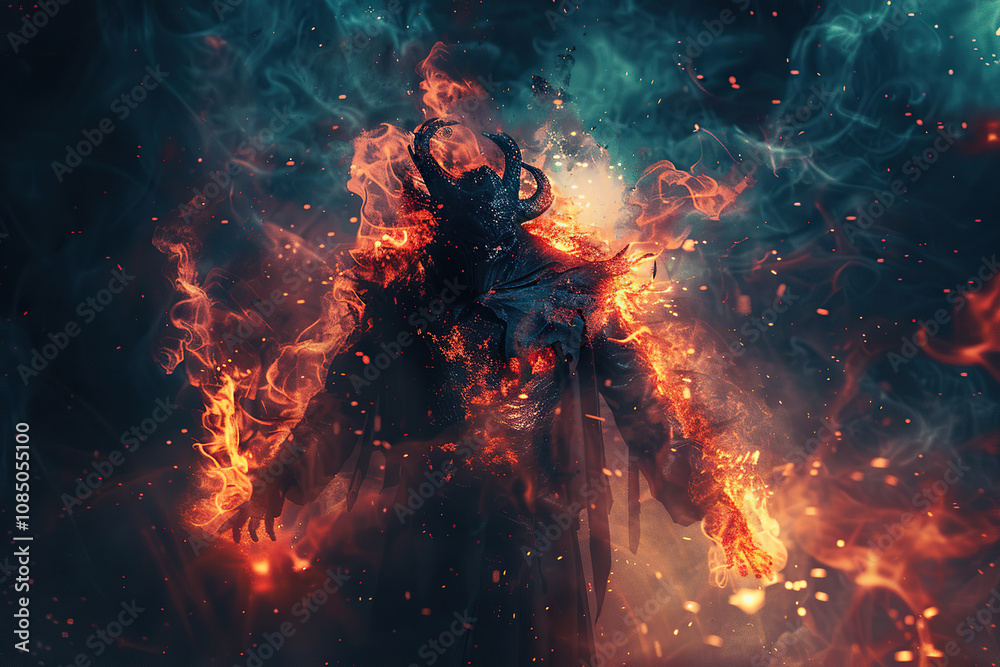 Fototapeta premium Scary sinister devil is in hell with dramatic fire lighting