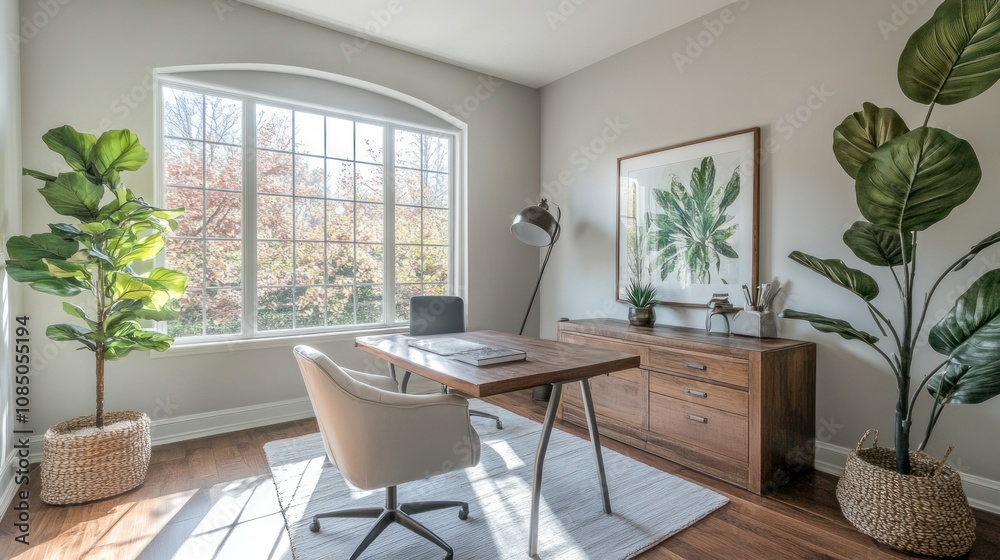 Modern Home Office with Wooden Desk, Plants, and Natural Light Modern Home Office with Wooden Desk, Plants, and Natural Light