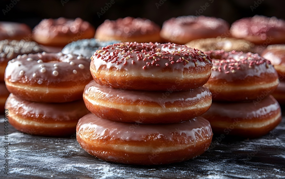 A tempting assortment of frosted donuts stacked and scattered, showcasing delicious treats. A tempting assortment of frosted donuts stacked and scattered, showcasing delicious treats.