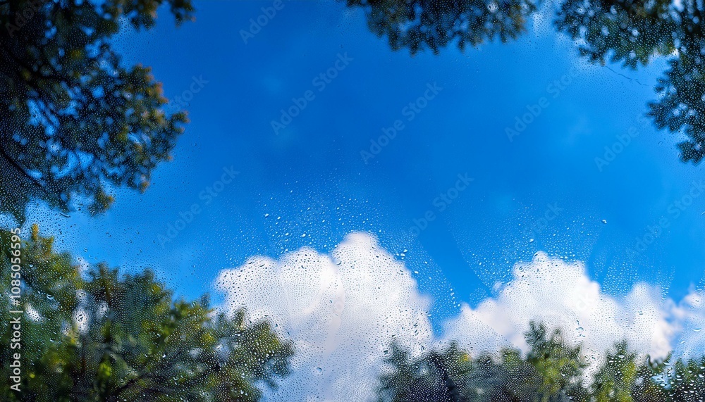 Fototapeta premium 雨上がりの空に雲の切れ間が広がり、青空が覗く爽やかな背景。