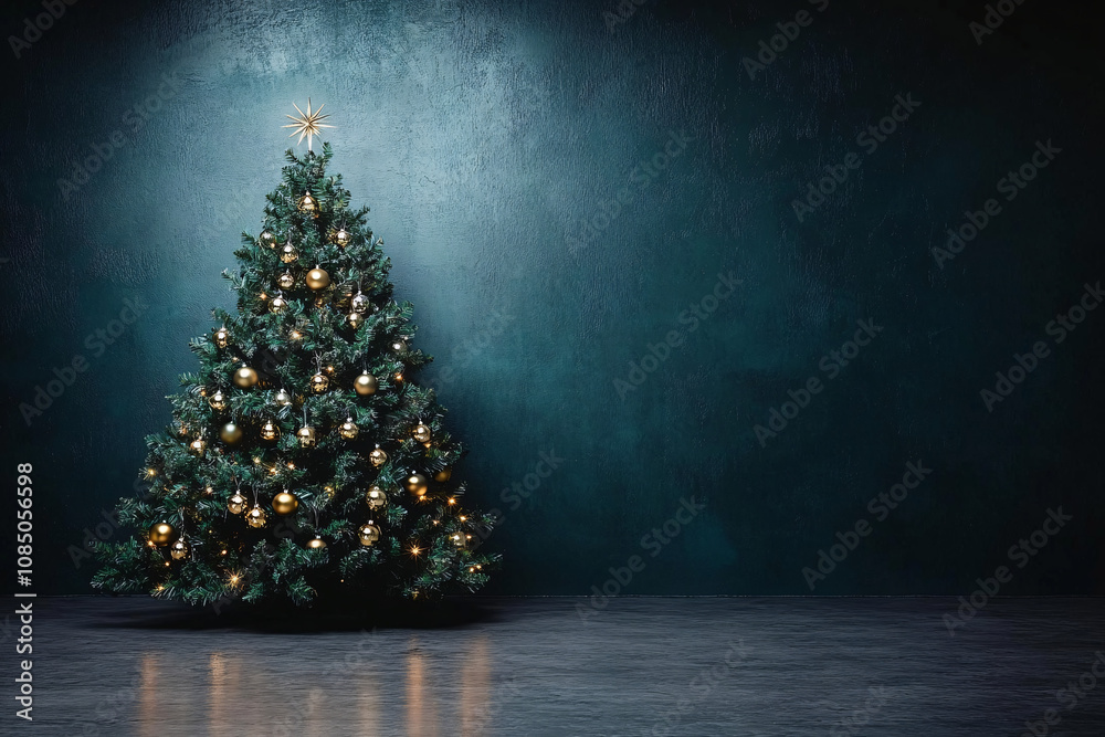A stunning Christmas tree adorned with gold ornaments in a minimalist dark teal setting, perfect for holiday promotions, festive cards, and seasonal decor. A stunning Christmas tree adorned with gold ornaments in a minimalist dark teal setting, perfect for holiday promotions, festive cards, and seasonal decor.