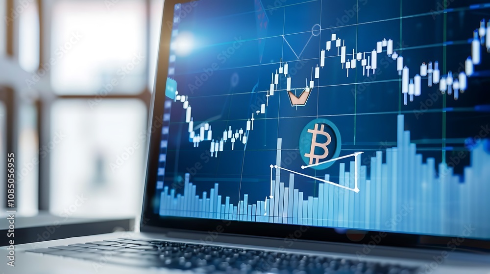 A laptop displaying a cryptocurrency trading chart with Bitcoin symbols and market data. A laptop displaying a cryptocurrency trading chart with Bitcoin symbols and market data.