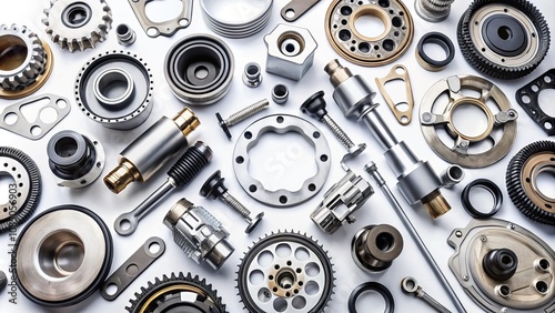 A Comprehensive Collection of New Automotive Spare Parts and Car Components on a White Background for Mechanics, Featuring Essential Metal Pieces for Auto Repairs and Maintenance