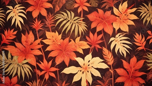 Tropical exotic pattern with animal and flowers in bright colors and lush vegetationn