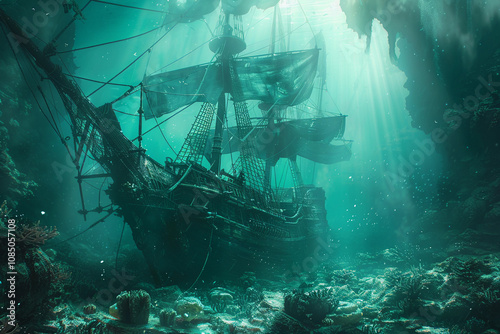 Underwater view of an sunken ship on seabed with fish swimming around