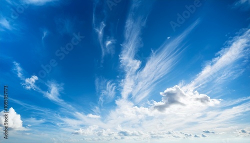 青空に薄い雲が浮かぶ晴れた空が広がり、清々しい雰囲気の背景が心地よい印象を与えるデザイン。


