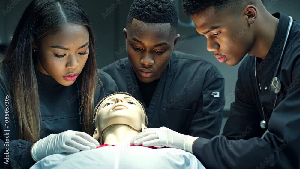 Focused medical students, two men and one woman, conduct a practical training exercise