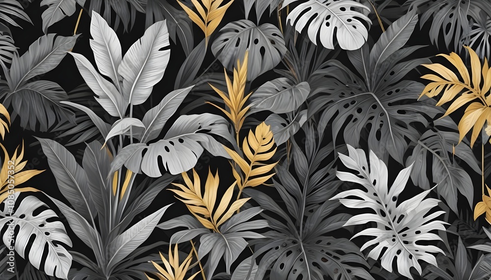 Tropical exotic pattern with animal and flowers in bright colors and lush vegetationn Tropical exotic pattern with animal and flowers in bright colors and lush vegetationn