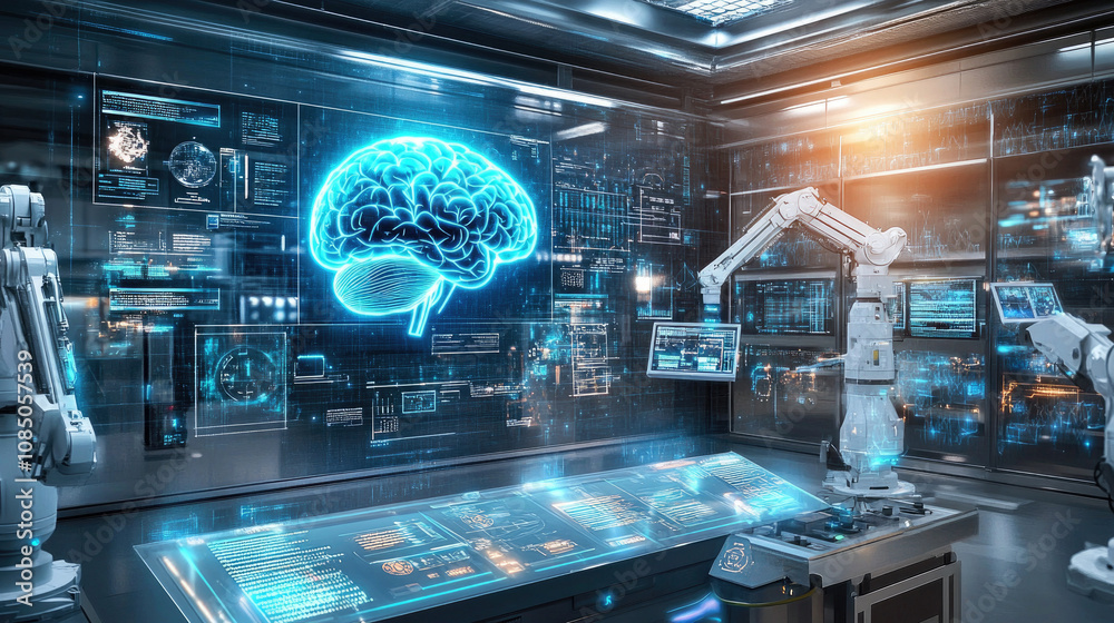Fototapeta premium Technology driven indoor holographic projection robot and brain