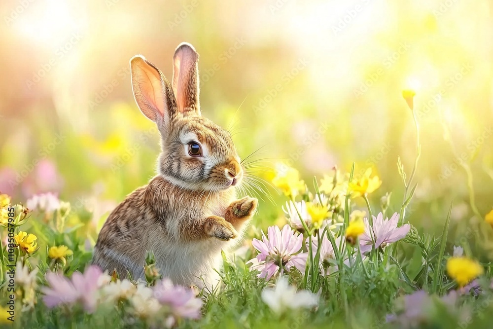 Obraz premium A Curious Rabbit Amidst Blooming Flowers in a Sunlit Meadow
