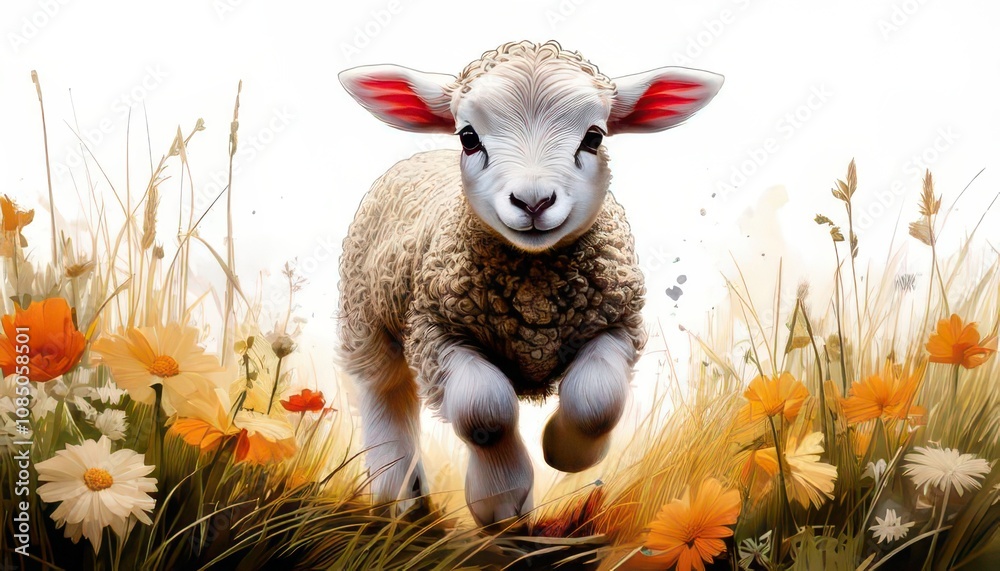 Draw a cute little lamb with a playful expression, jumping around in the meadow._white Draw a cute little lamb with a playful expression, jumping around in the meadow._white