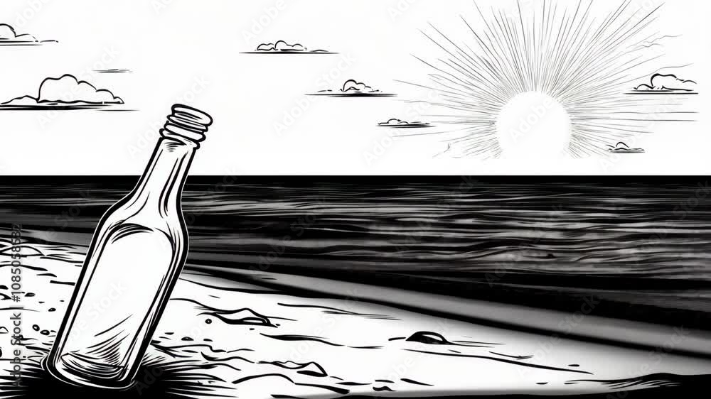 A simple line drawing depicts a clear glass bottle lying on a beach
