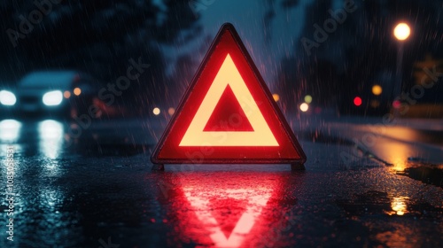 Reflective red emergency triangle at night with rain falling around it