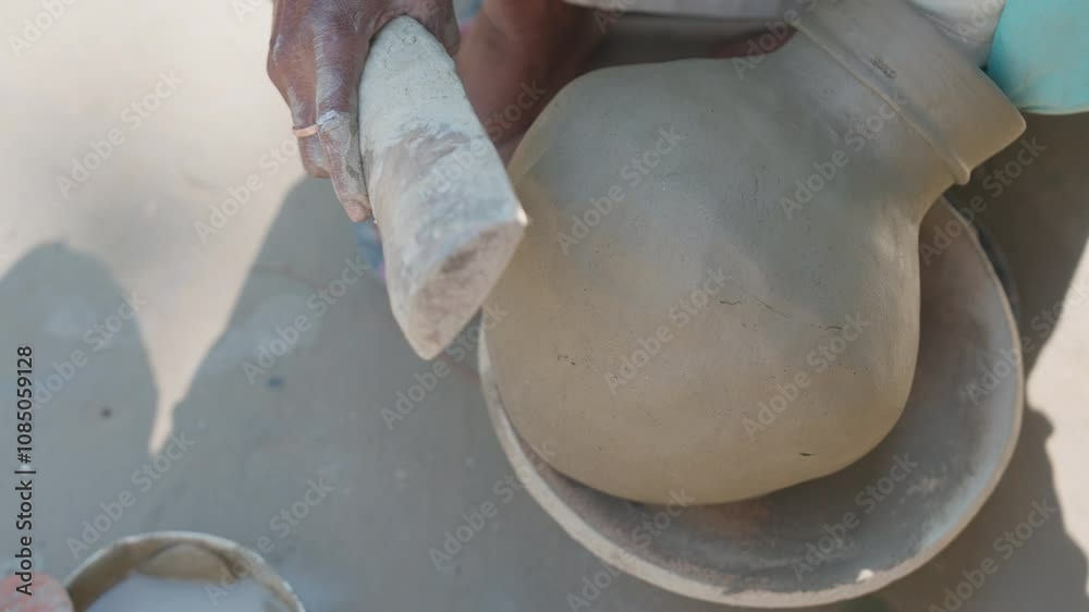 Closeup footage of a woman making a traditional pottery pot outdoor on a sunny day