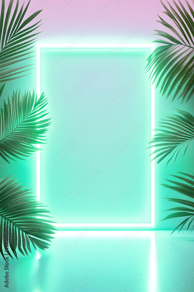 A hypnotic neon light frame and lush palm leaves create an inviting backdrop for a dreamy atmosphere perfect for vibrant visuals. A hypnotic neon light frame and lush palm leaves create an inviting backdrop for a dreamy atmosphere perfect for vibrant visuals.