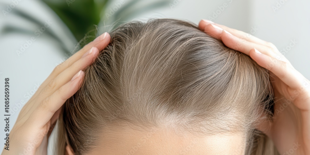 Fototapeta premium Self-care routine for thinning hair a woman's journey in a well-lit room lifestyle indoor personal growth