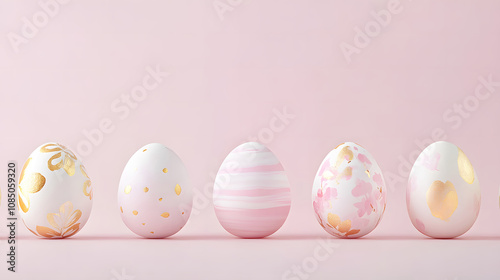 A Charming Display of Six Beautifully Decorated Easter Eggs on a Soft Pastel Background to Celebrate the Joy of Springtime Festivities. photo