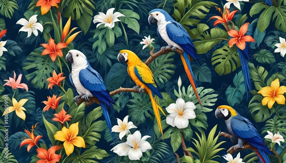 Tropical exotic pattern with animal and flowers in bright colors and lush vegetationn