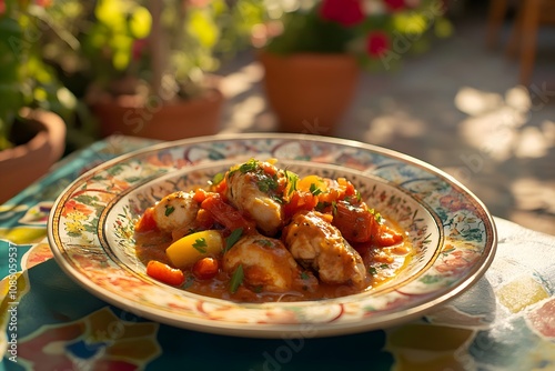 A close-up of poulet basquaise on a plate with tomato sauce and red peppers, on a table at a sunny French restaurant terrace photo