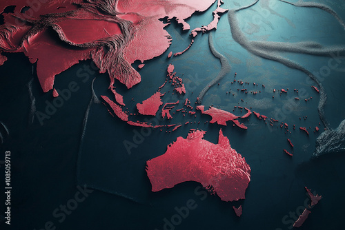 Elegant world map highlighting the Indo-Pacific region, showing countries in red color shades with a focus on the United States, India, Japan, and Australia, minimalist and modern design, AI Generated