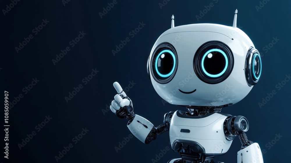 A friendly robot character with large eyes and a raised finger, suggesting interaction. A friendly robot character with large eyes and a raised finger, suggesting interaction.